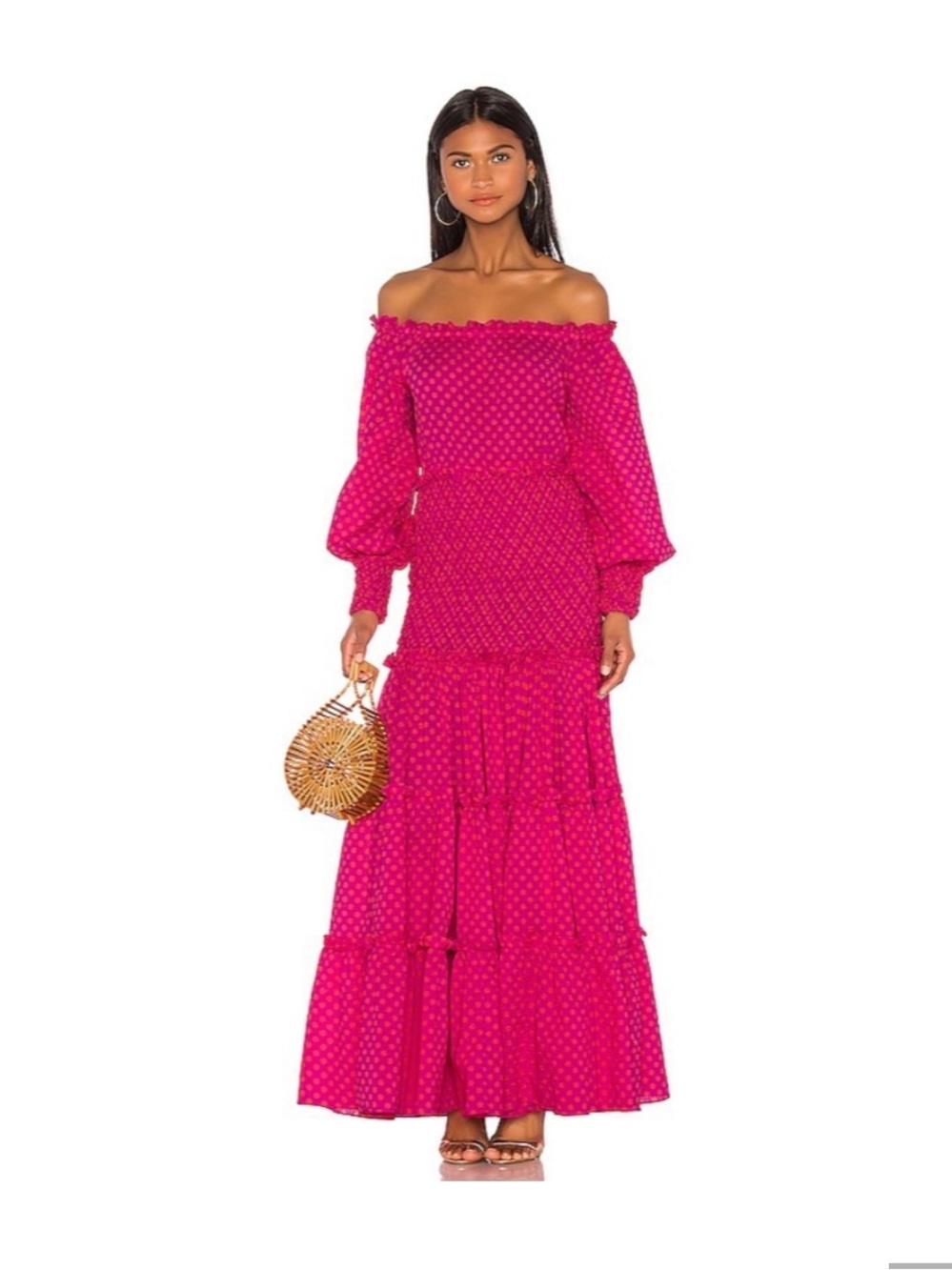 Alexis Fuchsia Off-Shoulder Polka Dot Maxi Dress